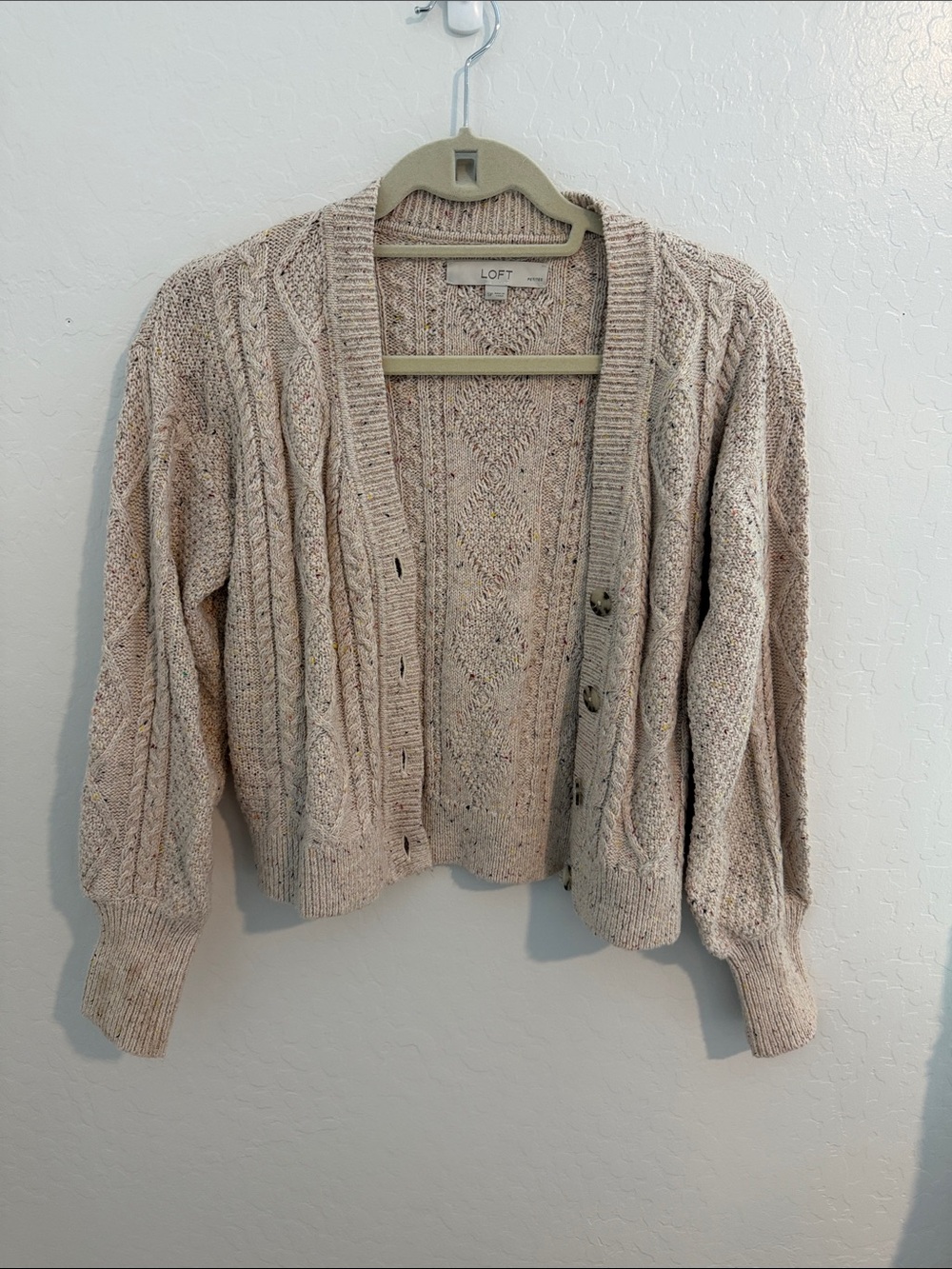 LOFT Speckled Cream Cable-Knit Button Cardigan